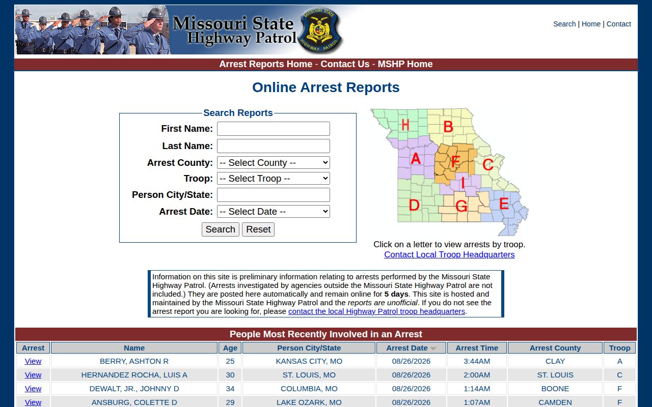 Bollinger County recent arrest record search on the Missouri State Highway Patrol interface
