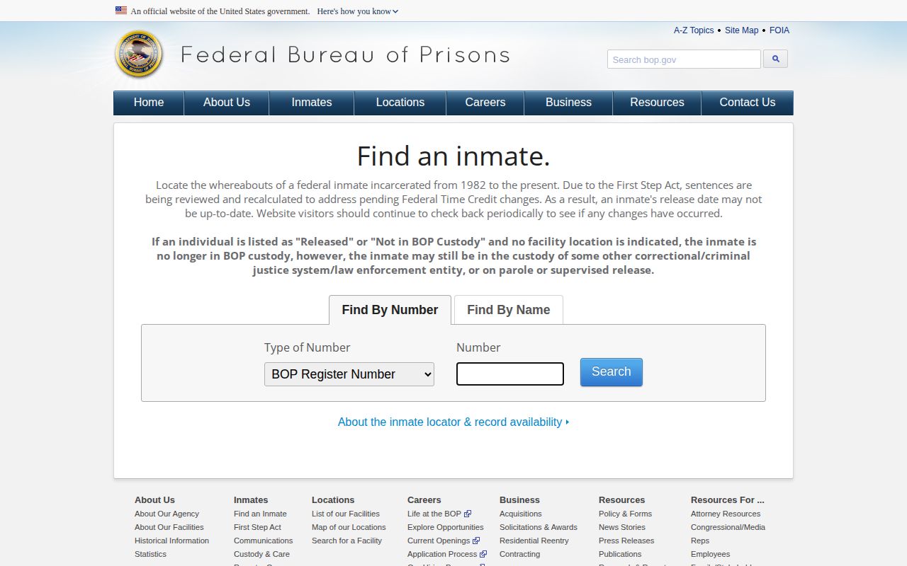 Bollinger County federal custody record search through the Bureau of Prisons locator